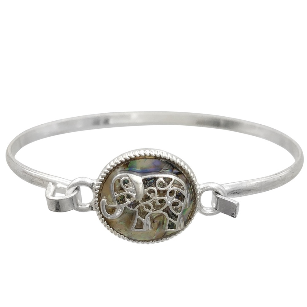 Elephant Silver Tone Abalone Shell Inlay Hook Bangle Bracelet